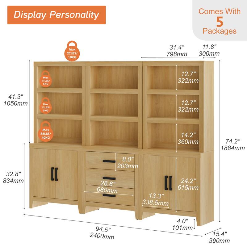 WAMPAT 74" 3-Piece Tall Bookshelf, Farmhouse Bookcase with Doors & Drawers for Living Room & Office