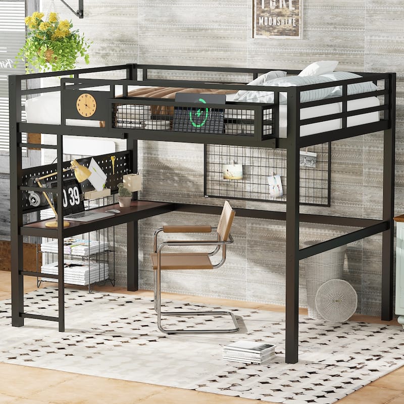 Metal Loft Bed with Desk & Storage Basket, Includes Alarm Clock & Charging Port, Queen/Full/Twin XL