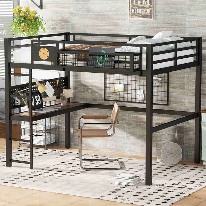 Queen Size Loft Bed Frame with desk, storage basket,Metal Loft Bed with clock,and charging port,black