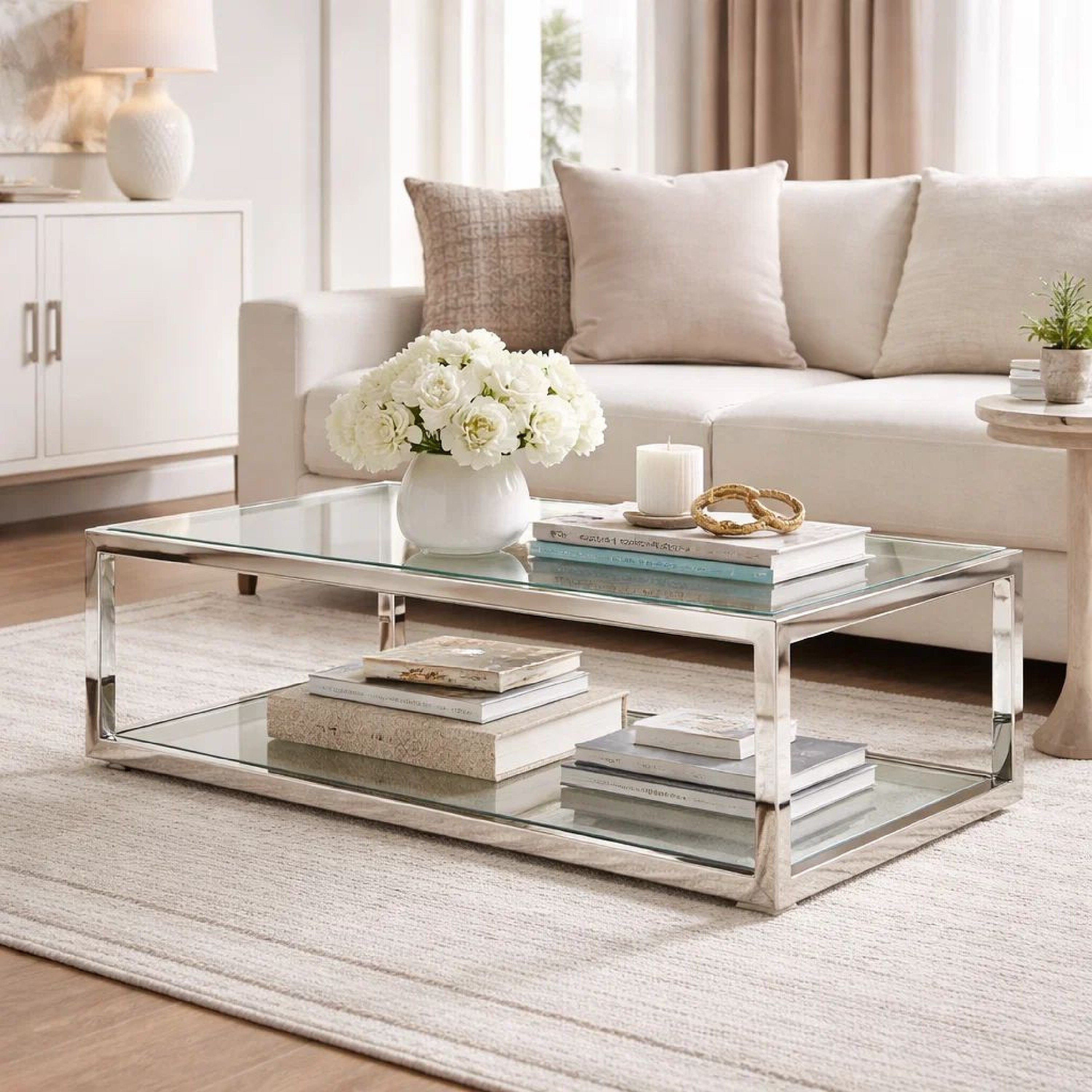 Jape 48 Inch Rectangular Coffee Table, Glass, Steel, Clear Acrylic 