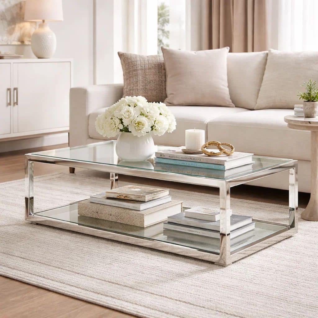 Jape 48 Inch Rectangular Coffee Table, Glass, Steel, Clear Acrylic, White
