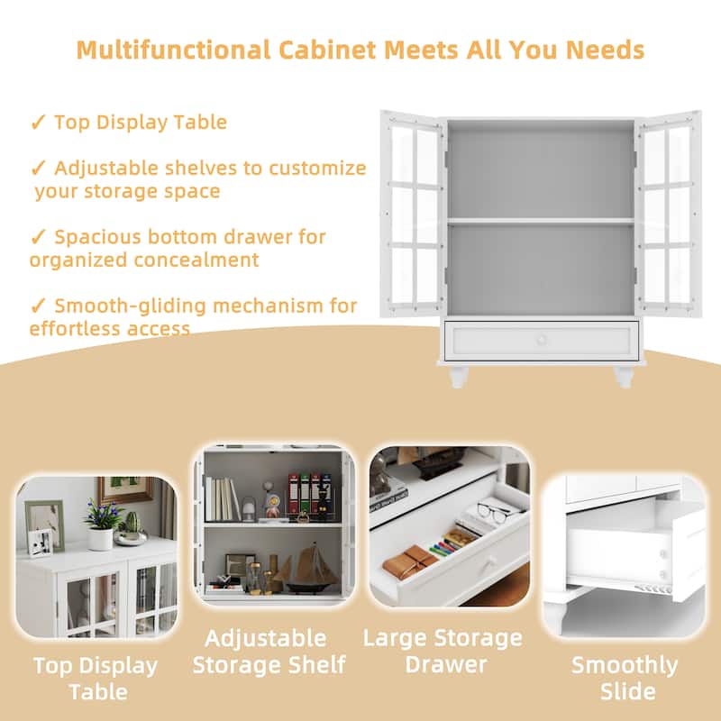 Homy Casa Minimalist Buffet Cabinet with Glass Doors & Drawer, Storage Sideboard, Kitchen Living & Dining Room Hallway Entryway