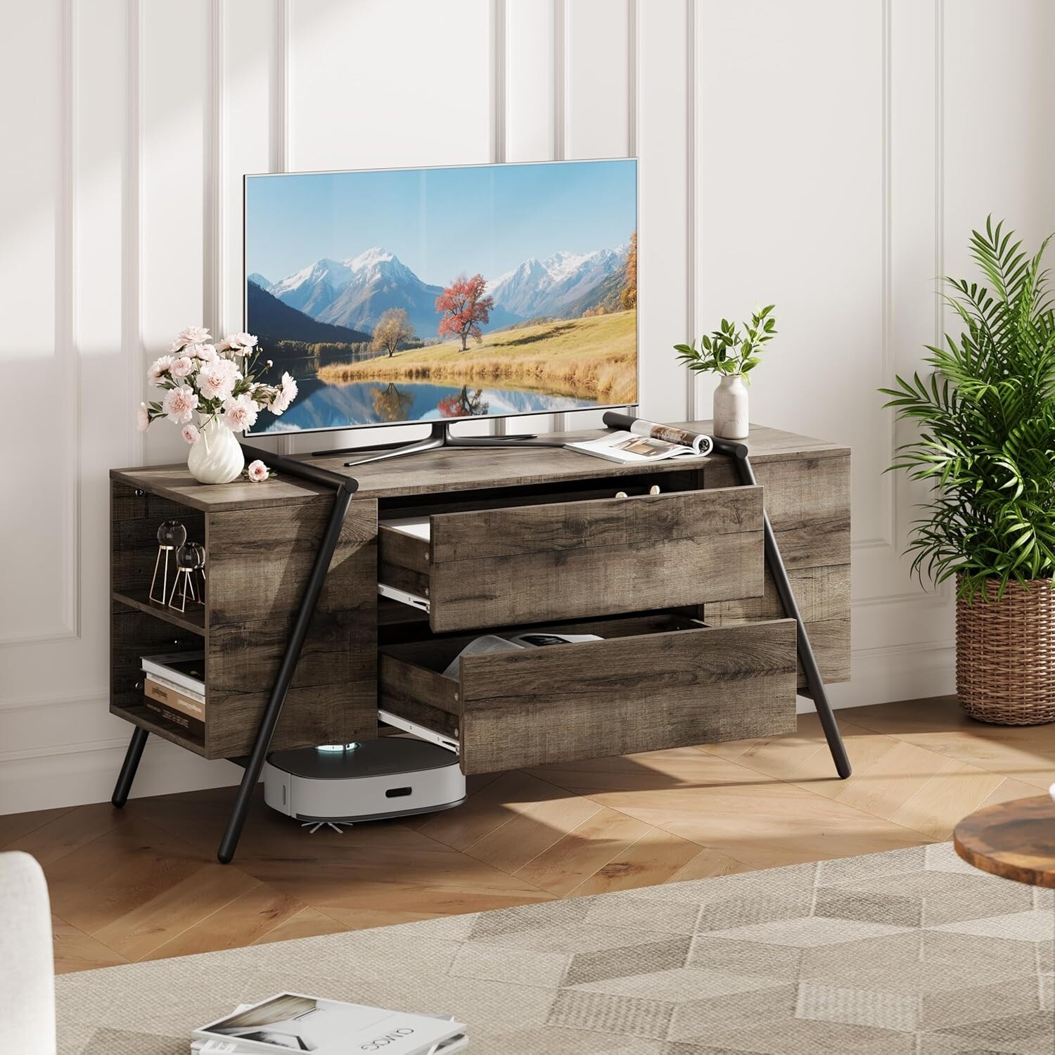 55" Modern TV Stand for Living Room, Farmhouse Entertainment Center with 2 Drawers, Adjustable Shelves