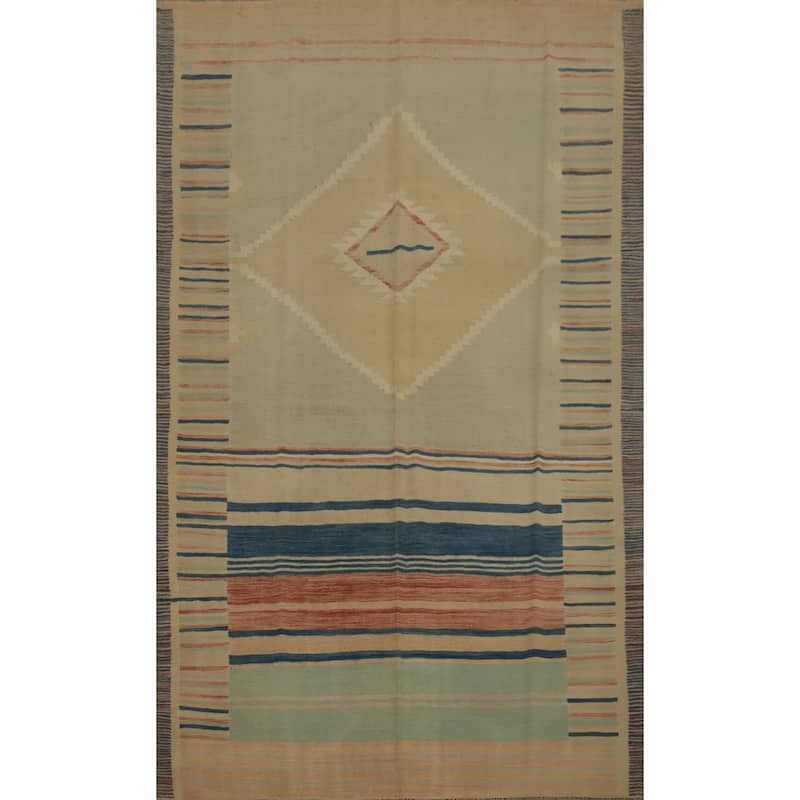 Hand Woven Oriental 100% Wool Carpet Southwestern Tribal Beige & Ivories Kilim Area Rug - 9' 10'' X 6' 7''