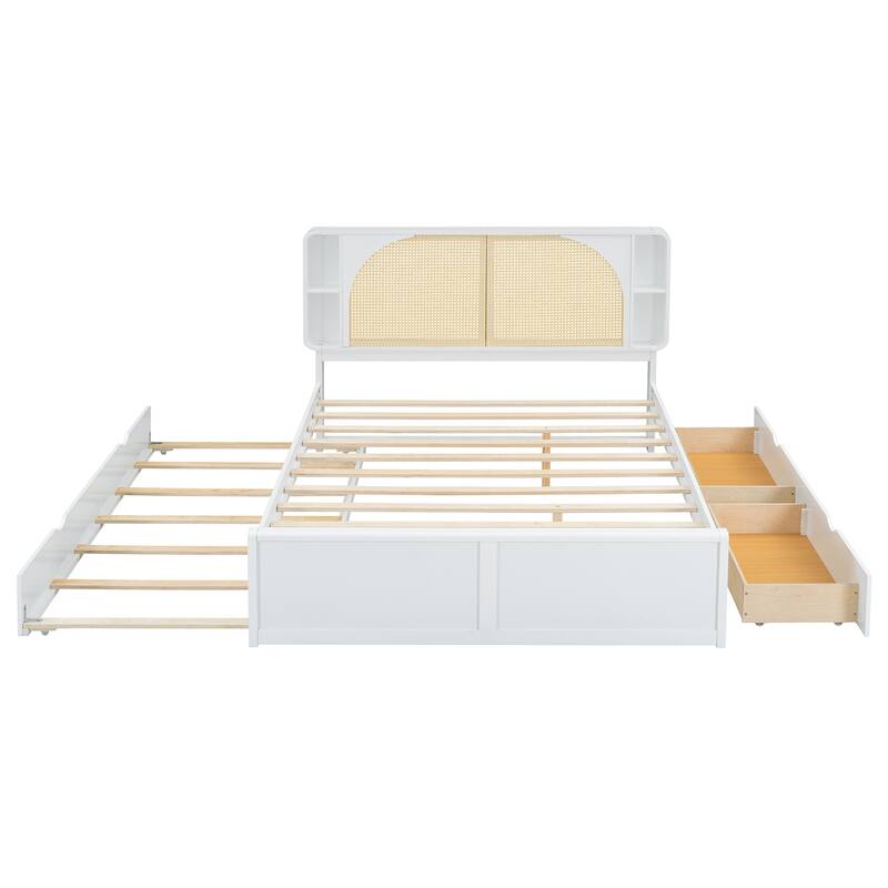 Queen Platform Bed with Rattan Headboard, 2 Storage Drawers and Pull-Out Trundle, with Built-In Compartments