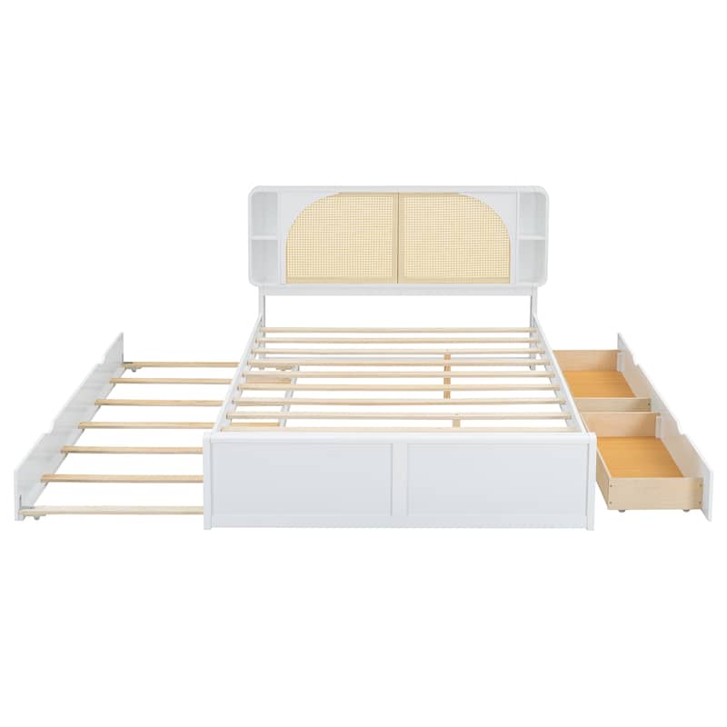 Queen Size Platform Bed with Rattan Headboard,Two Drawers and Trundle