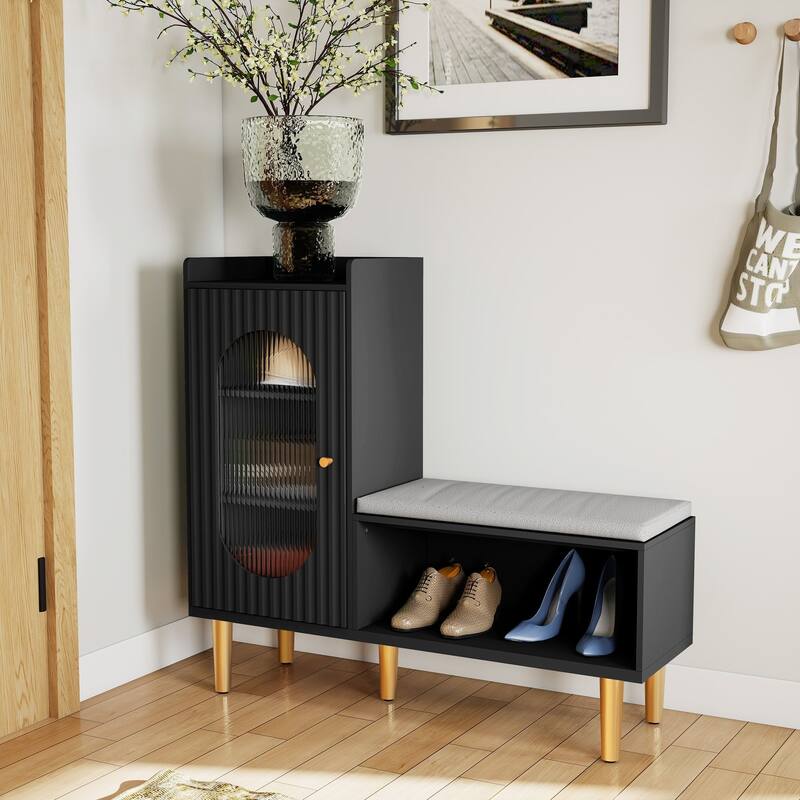 L-Shaped Shoe Storage Bench with Padded Seat, Modern Organizer with Glass Door and Shelf