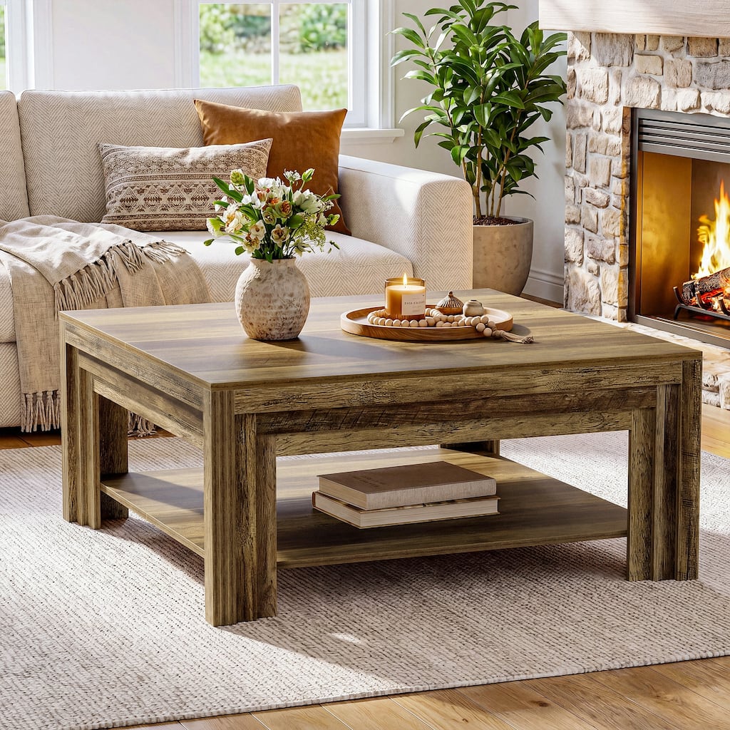 Square Coffee Table with Storage Shelf, 39 Inch Rustic Farmhouse Center Tea Table for Living Room, Sofa, Apartment, Small Space