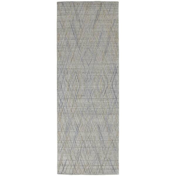 10' Gray And Ivory Abstract Hand Woven Runner Rug 3'6" Bed Bath
