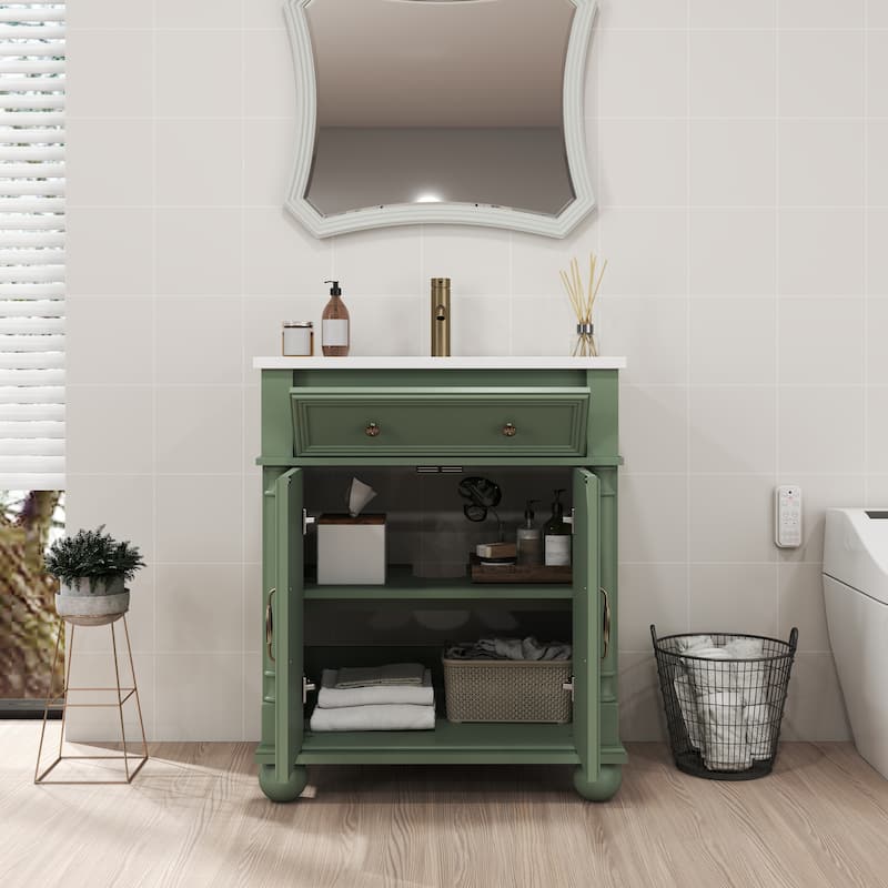 27.8-Inch Mid-Century Bathroom Vanity Sink with Roman Column Base, Farmhouse Freestanding Storage Cabinet