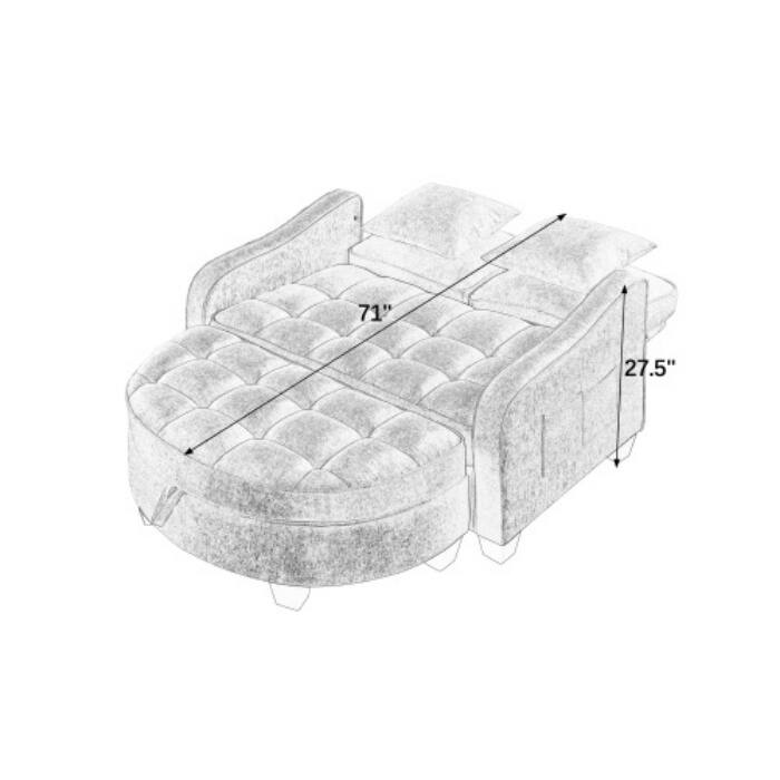 Two-Seater Chaise Lounge with Storage Footrest and Pillows, Irregular Armrest Design