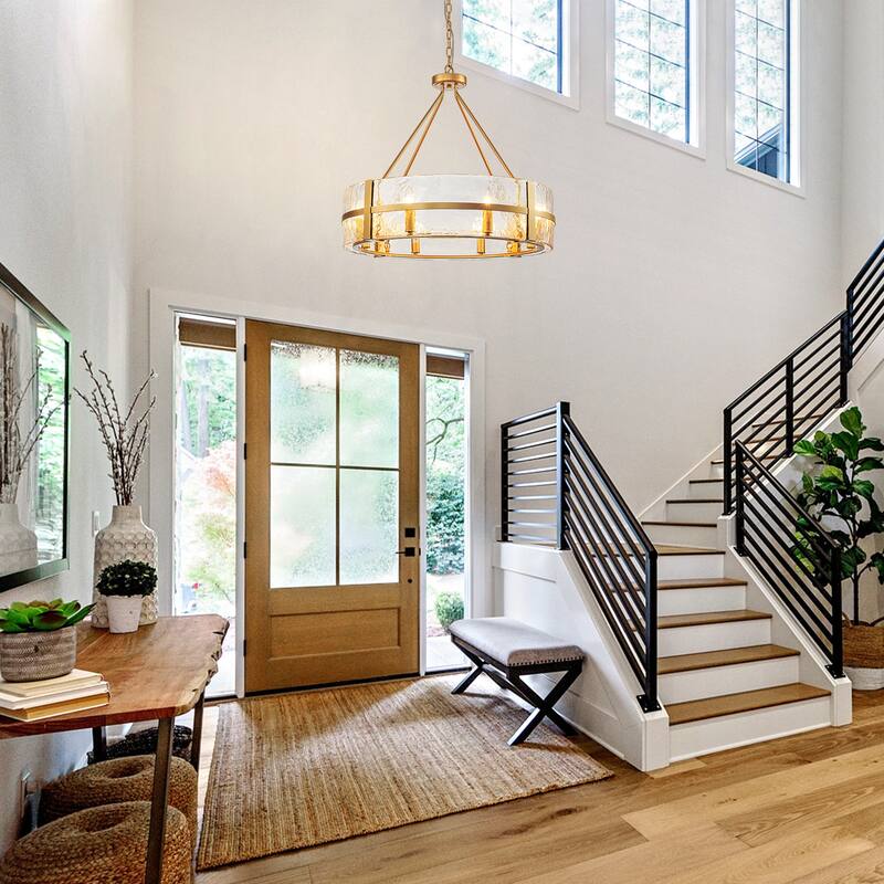 Dimmable Large Drum Glass Chandelier for Dining Room High Ceiling Living Room