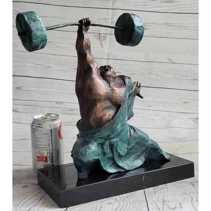 Powerlifter Weight Lifter Bodybuilder Bronze Statue Sculpture Figure On Marble Base Original Art