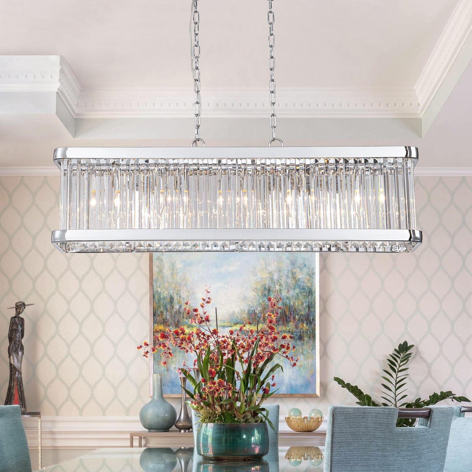 Modern Linear 5-Light Chrome Crystal Pendant Light