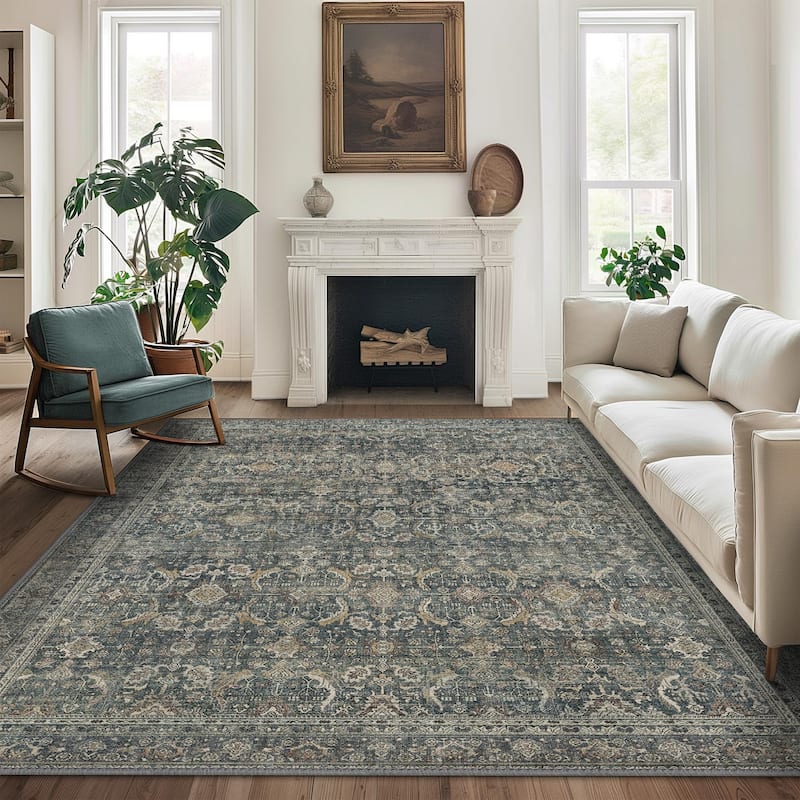 Mcow Grace Muted Floral Low Pile Non-Slip Machine Washable Area Rug - 5' x 7' - Deep Green - Rectangle