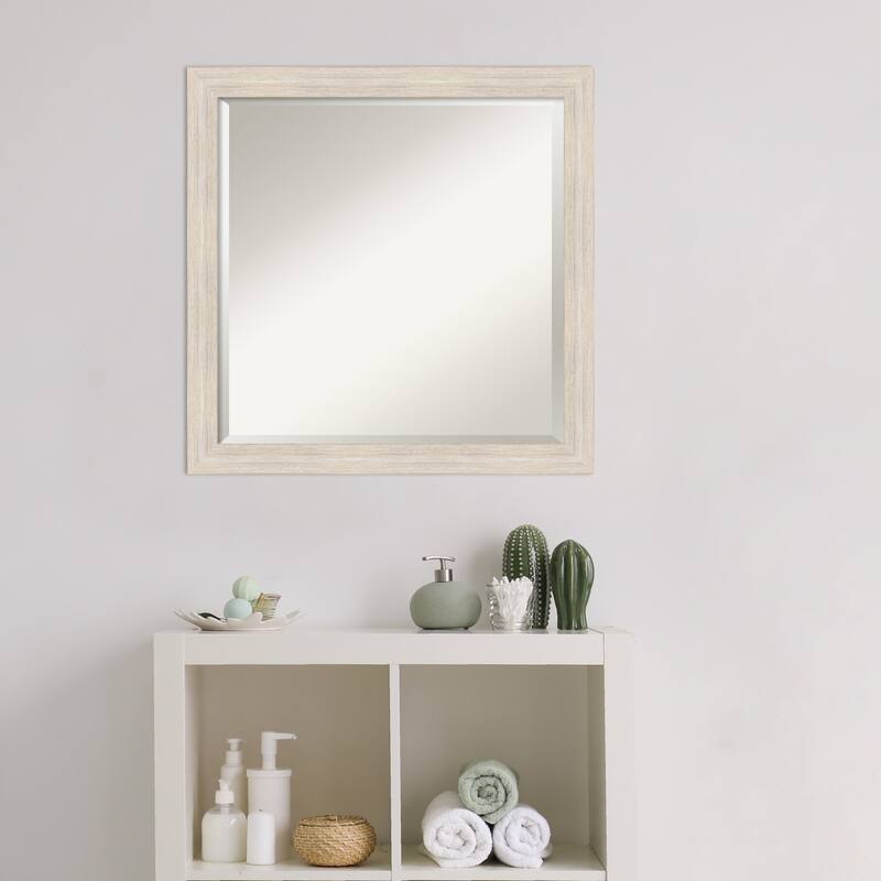 Beveled Wood Bathroom Wall Mirror - Hardwood Whitewash Narrow Frame - Hardwood White Wash Narrow