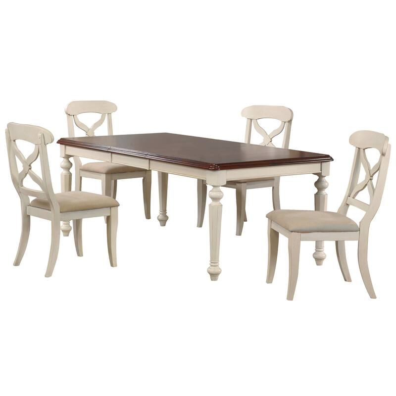 Extendable Dining Set - 5 Piece Rectangular Table & Chairs - Seats 8 - Antique White & Chestnut Brown
