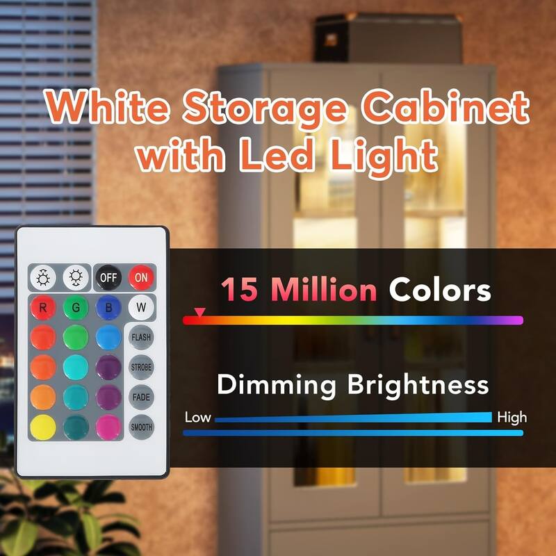 Bookcase with Doors and LED Lights, White Bookshelf with 2 Drawers for