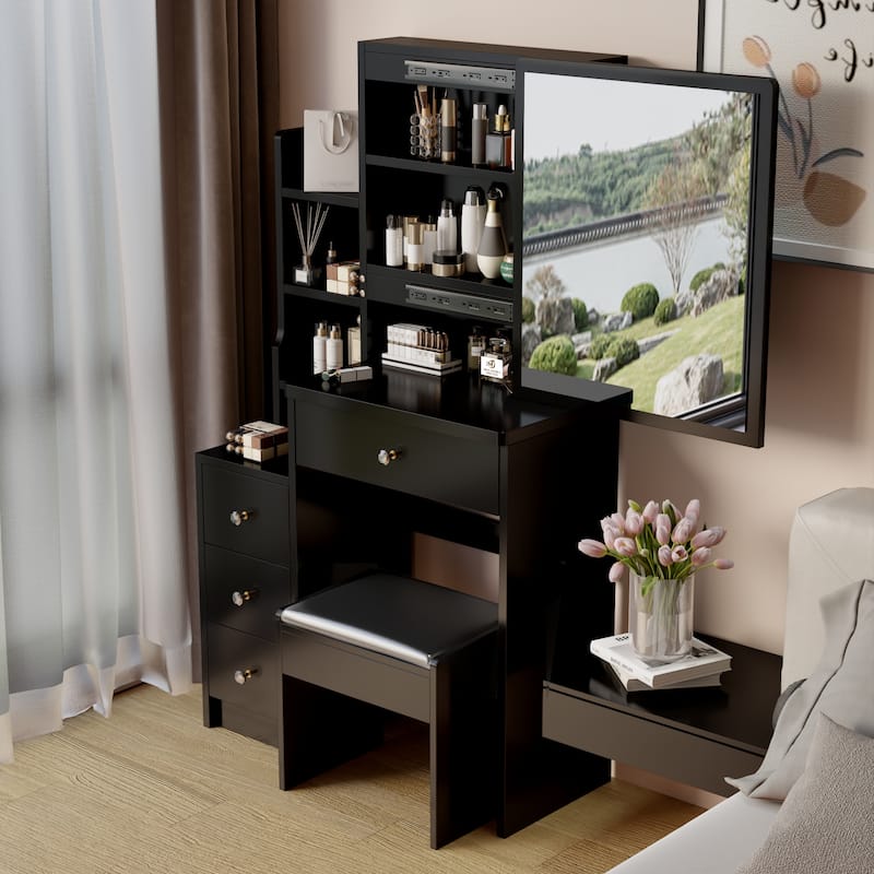 Make-Up Vanity Table and Stool with Sliding Mirror and Drawers