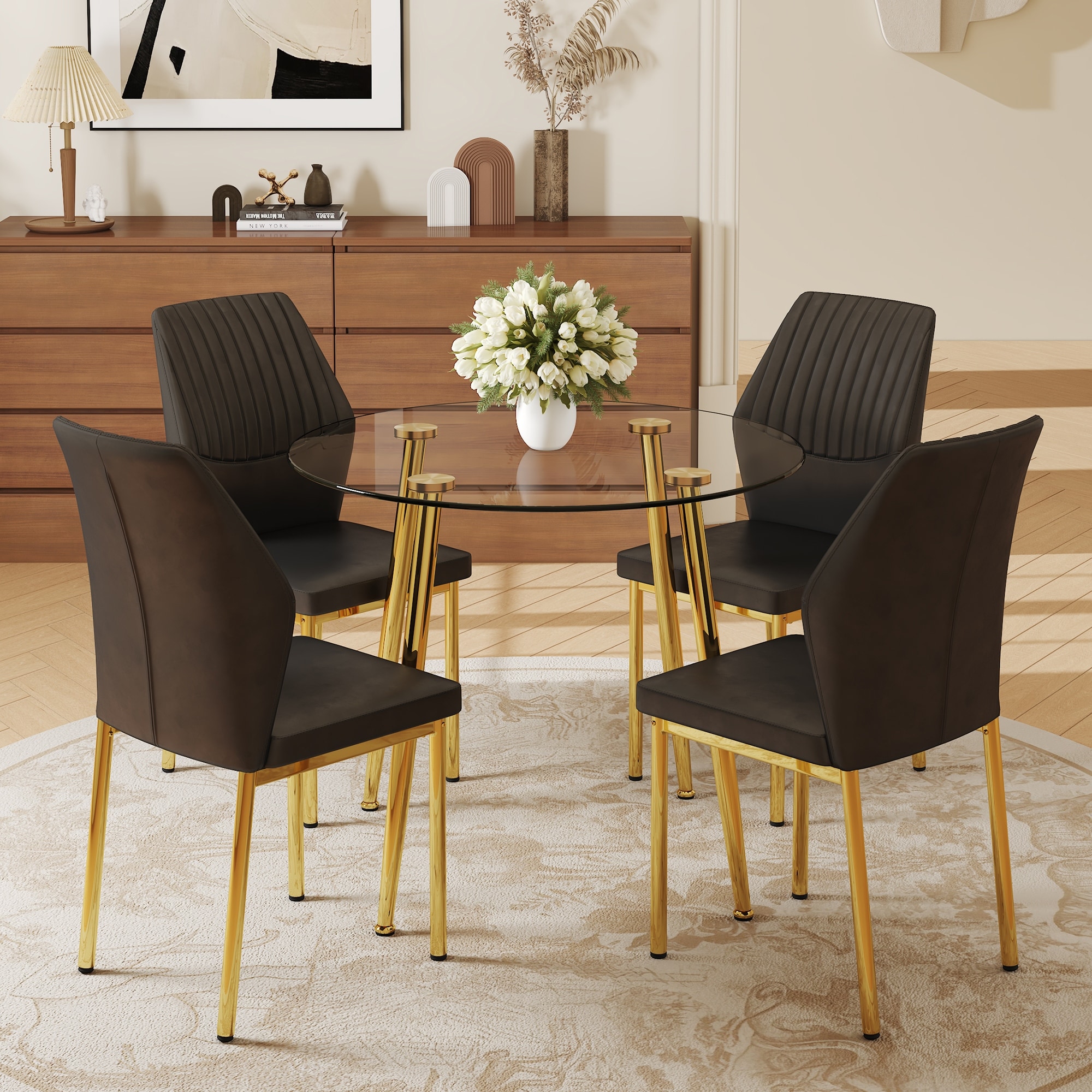 5-Piece Kitchen Table and Chairs Set for 4, Round Glass Dining