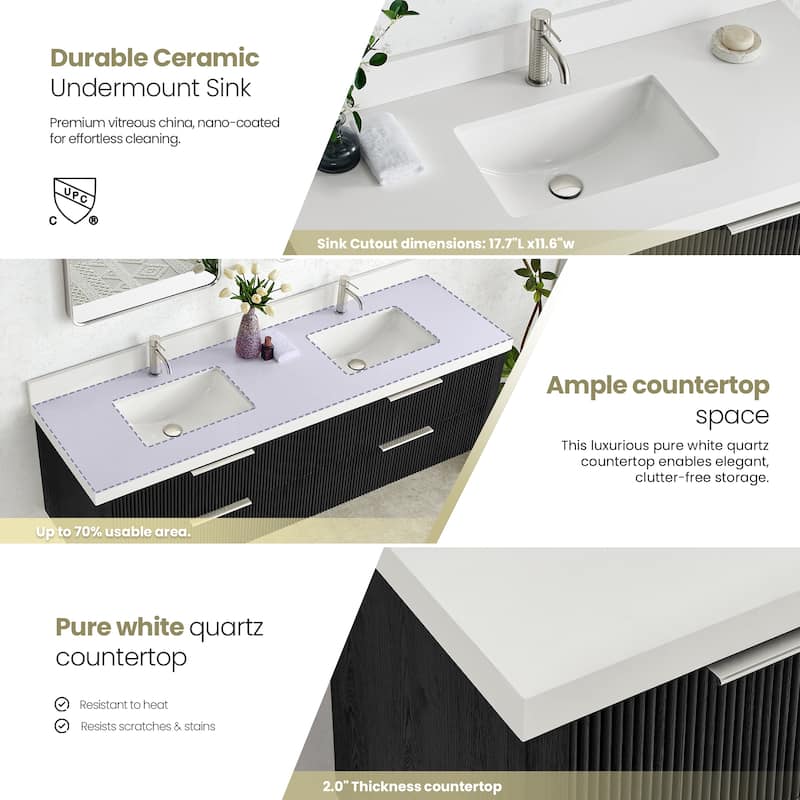 Barcelona Floating Bath Vanity with Quartz Stone Top without Mirror