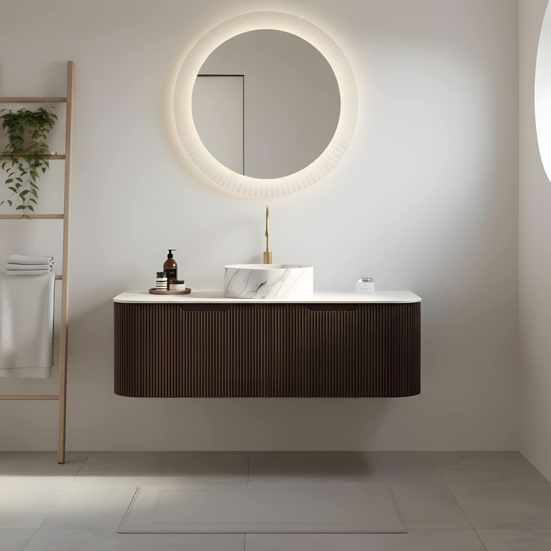 Floating Bathroom with Round Ceramic Basin and Storage Drawer