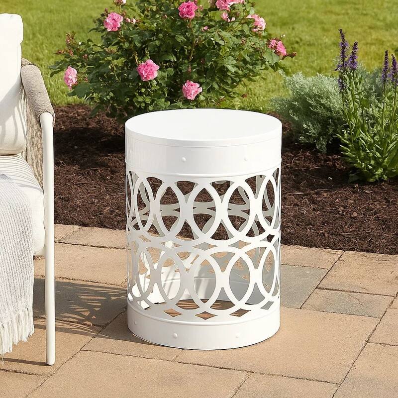 Feio Outdoor Side End Table 14 Inch Round Geometric Pattern White Iron