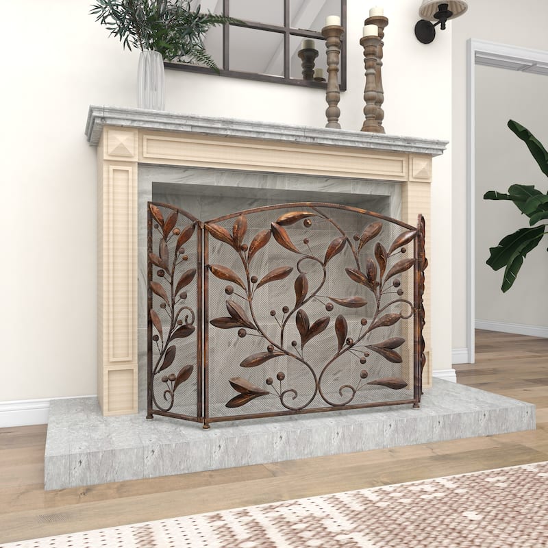 Brown Iron Eclectic Wood Fireplace Screen Floral 30 x 45