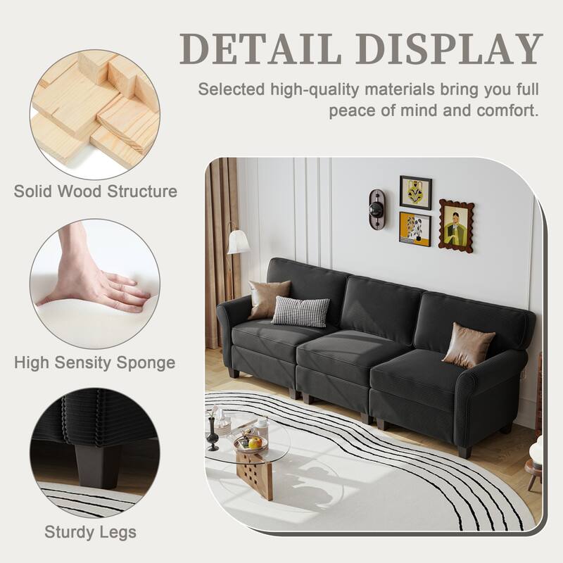 94.49" Corduroy Fabric 3-Seater Sectional Sofa