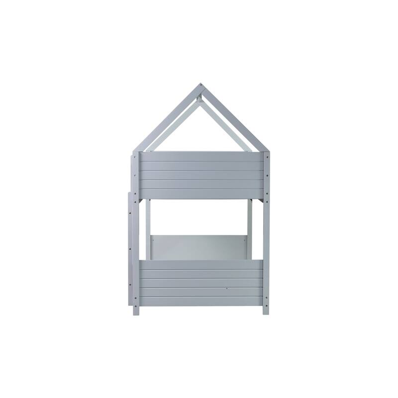 Twin Over Twin House Bunk Bed with Playful Roof Design Safety Guardrails & Ladder (250lb Capacity)