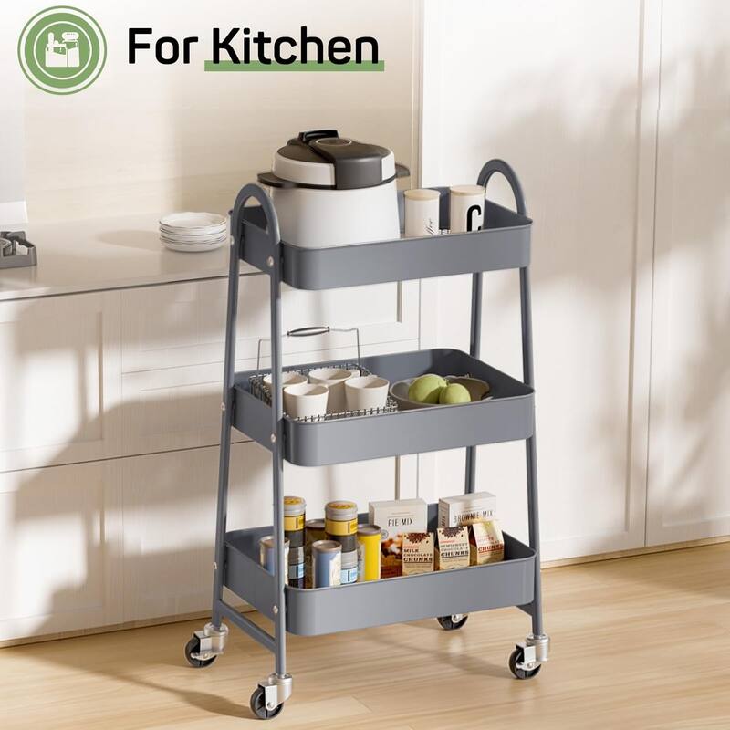 3 Tier Utility Rolling Cart, Metal Storage Cart, Storage Organizer Trolley for Kitchen, Living Room, Office, Garage