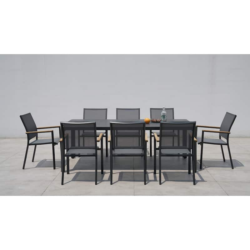 Campania Dark Grey 9-Piece Aluminum Outdoor Dining Set with Ceramic Glass Table Top - N/A