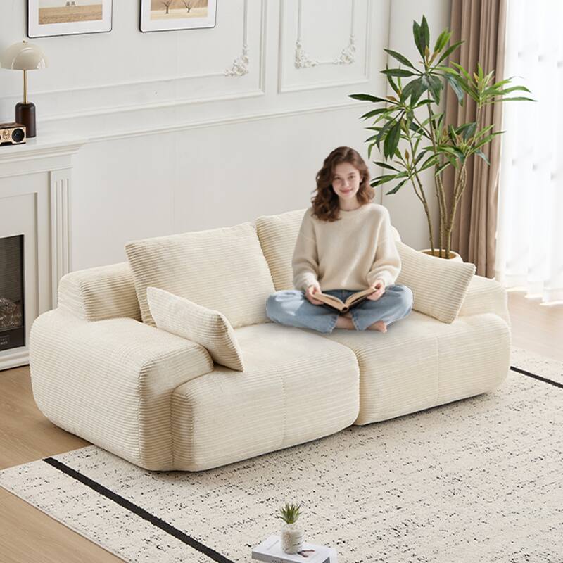 Modular Sectional 2-Seater Cloud Couch, Corduroy Upholstered Boneless Sofa, Compressed Sofa with Cushion & Throw Pillows