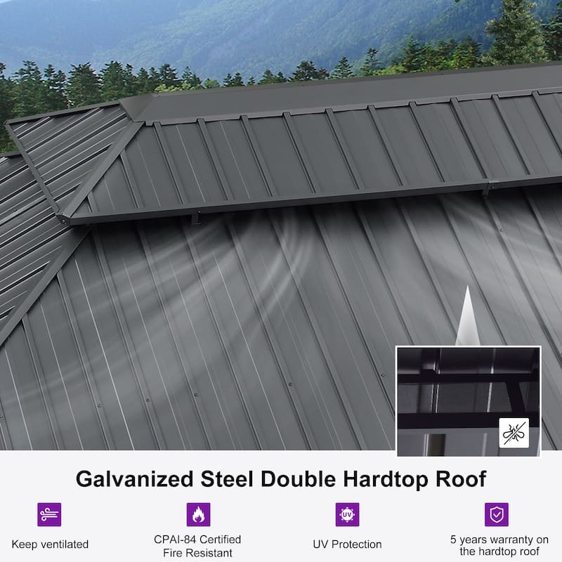 PURPLE LEAF Outdoor Galvanized Steel Hardtop Gazebo, Aluminum Frame Gazebo With Curtains