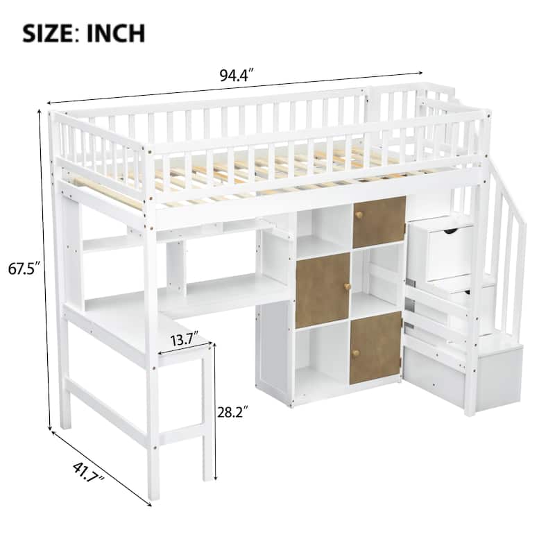 Twin Loft Bed in Walnut with Integrated L-Shaped Desk, LED Lighting, Multi-Tier Storage Shelves, Cabinets, and Staircase
