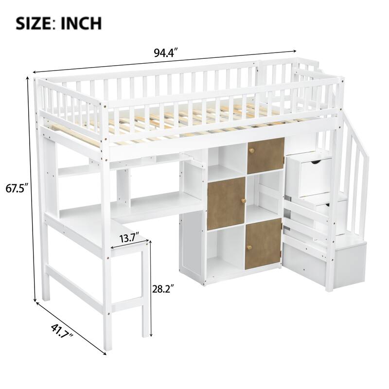 Wood Twin Size Loft Bed with Built-in Desk, LED, Storage Shelves, Cabinets, and Staircase