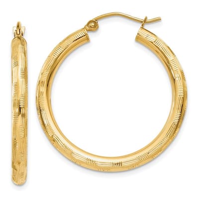 Curata 14k Yellow Gold Textured Checkerboard 30x3mm Hoop Earrings