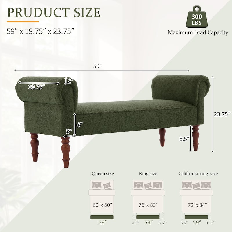 Christopher Knight Home - Elric Teddy Upholstered Bench with Rolled Arms and Solid Wood Legs