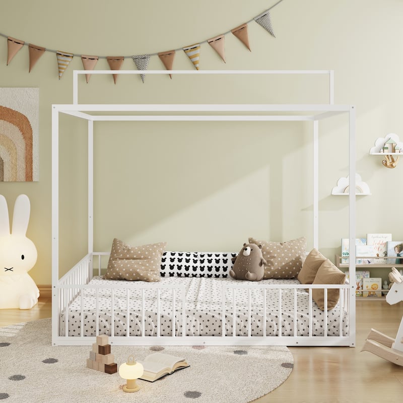 3-in-1 Convertible Montessori Metal floor bed,Modern Minimalist Design Canopy Platform Bed Funland