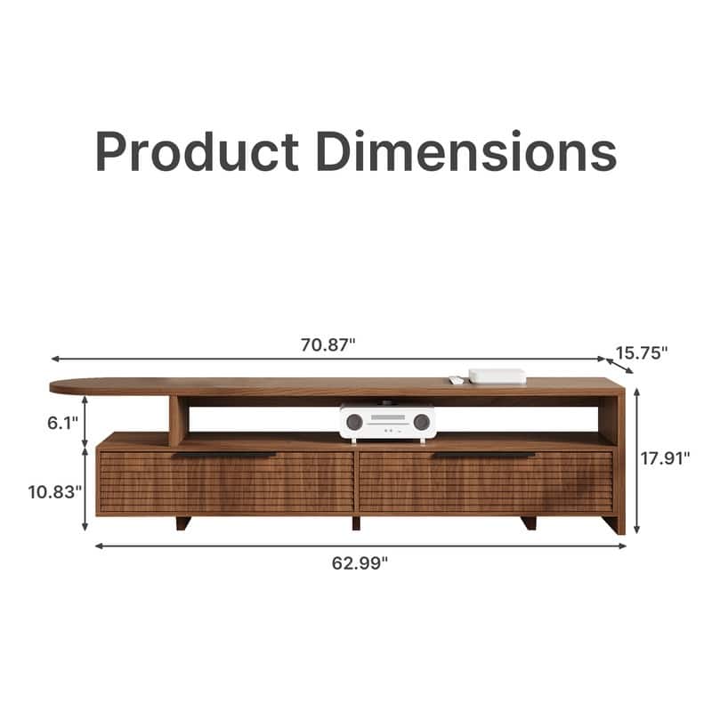 71" Mid-Century Walnut Finish TV Stand - Slatted Drawers, Open Shelves, 2-Tier Media Console