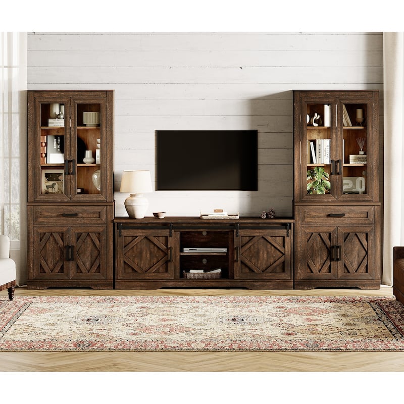 Modern Farmhouse TV Stand with Bookcase for 65" 75" TV with Barn Door for Living Room, Bedroom & Home Office - Espresso