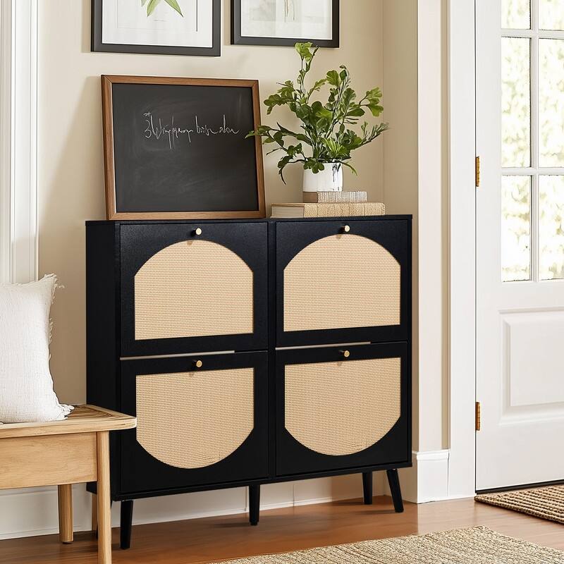 Rattan Shoe Cabinet with 2 / 4 Flip Drawers, Narrow Shoe Storage Cabinet,Organizer for Entryway, Bedroom, Living Room