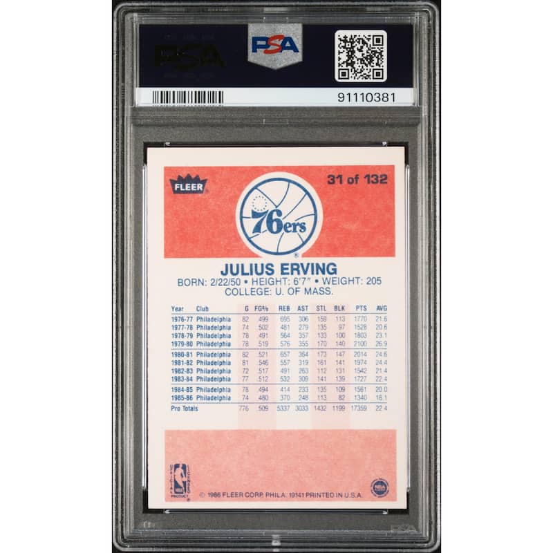 Julius Erving 1986 Fleer Signed Basketball Card #31 Auto Graded PSA 9 91110381 - 8'6" x 11'6"
