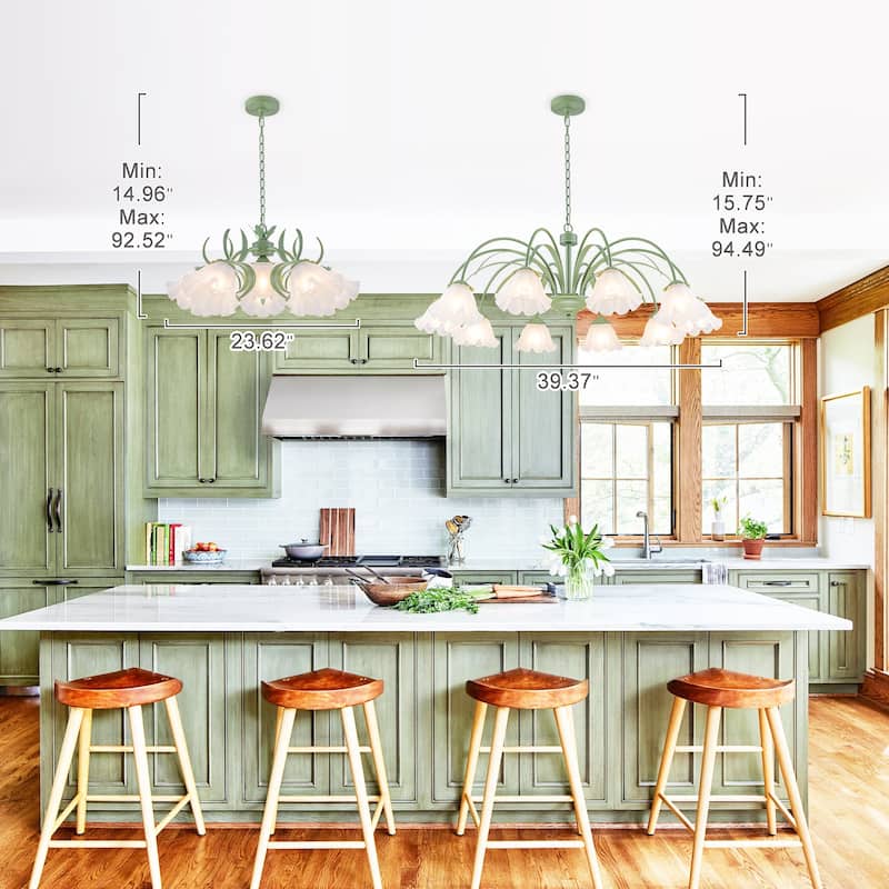 Botanical Green Chandelier with Floral Frosted Glass Shades