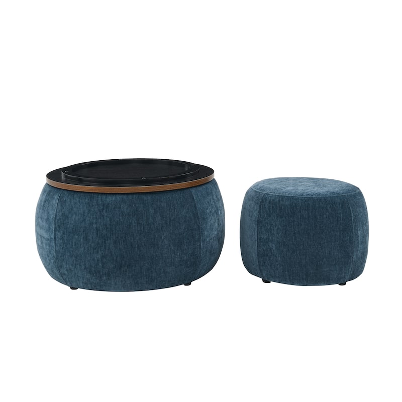 Roomfitters Round Storage Ottoman with Small Seat, 2-in-1 Design Serves as End Table or Footrest, Accent Furniture
