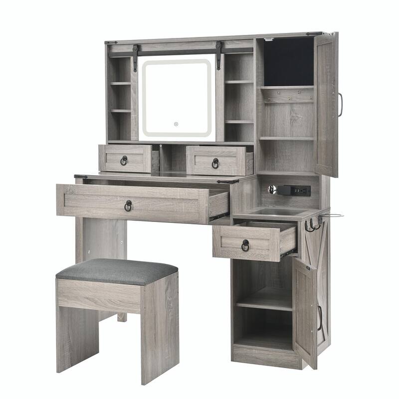 Farmhouse Vanity Desk with Sliding Mirror & Lights, Glass Top Vanity Set