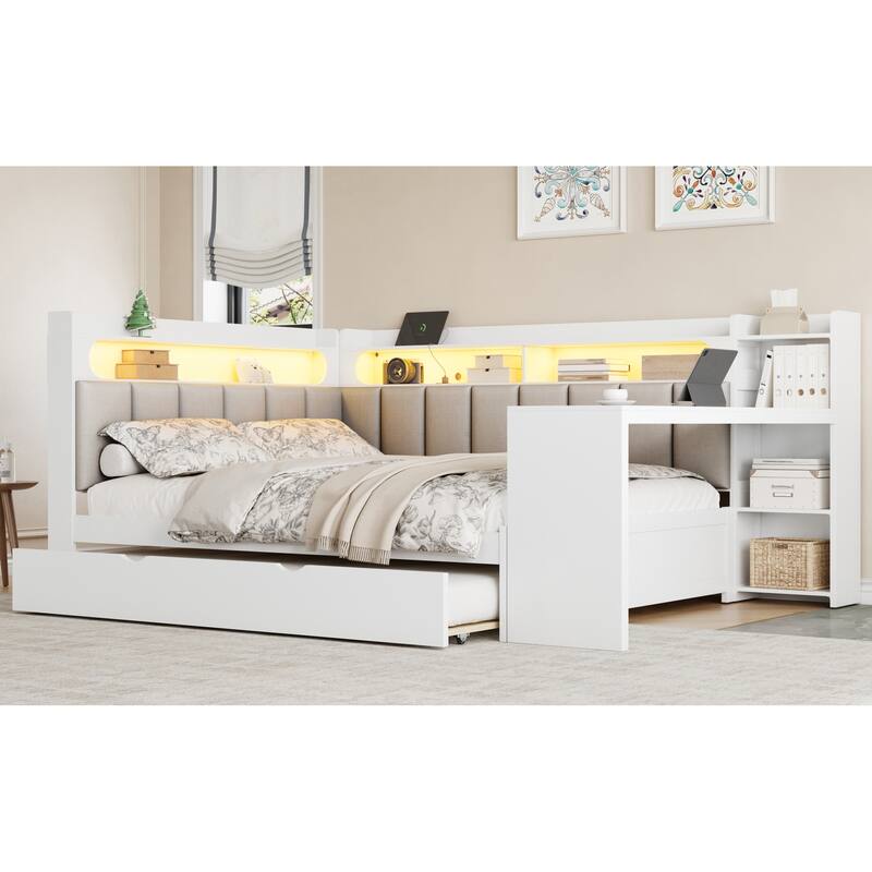 Roomfitters Full Daybed with Trundle, Charging Station and Upholstered Headboard