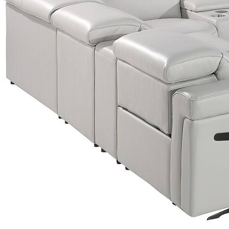 HomeRoots Light Gray Italian Leather Power Reclining U Shaped Twelve Piece Sectional With Console
