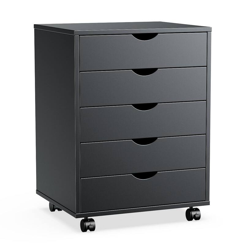 5-Drawer Mobile File Cabinet, Vertical Wooden Storage Dresser with 4 Wheels, Rolling Under Desk Organizer - Black