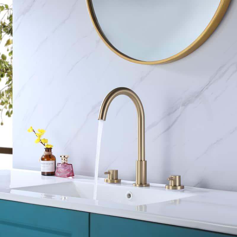 Double Handle 13''H Gooseneck Bathroom Sink Faucet Widespread in Black / Gold - Brushed Gold